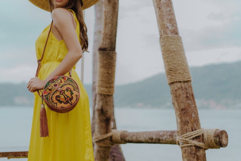 Yellow Bird Pattern Leather Round Crossbody Bag for Women, Unique Hmong Embroidered Crossbody Bag BG0048-01-YEL image 3