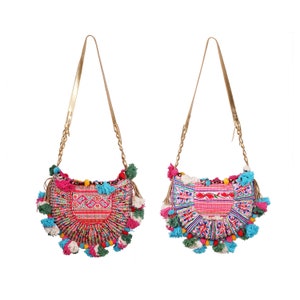 One of a Kind Bohemian Crossbody Bag with Vintage Hmong Embroidered Fabric, Colorful Pom Pom Crossbody Bag, Festival Bag BG0039-00-PIN image 9