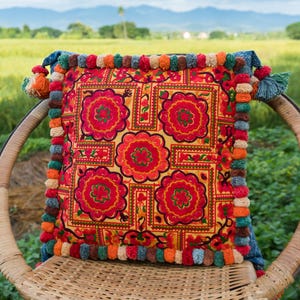 18x18 Pom Pom Hmong Embroidered Pillow Cases, Boho Pillow, Bohemian Cushion,  Pillow, Ethnic Pillow, Unique Gift - CS0007-02-ORG