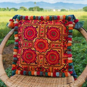 18x18 Pom Pom Hmong Embroidered Pillow Cases, Boho Pillow, Bohemian Cushion,  Pillow, Ethnic Pillow, Unique Gift - CS0007-02-ORG