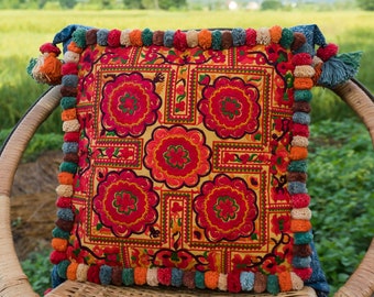 18x18 Pom Pom Hmong Embroidered Pillow Cases, Boho Pillow, Bohemian Cushion,  Pillow, Ethnic Pillow, Unique Gift - CS0007-02-ORG