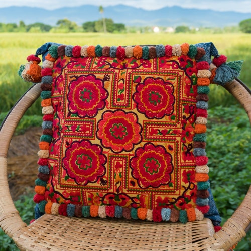 18x18 Pom Pom Hmong Embroidered Pillow Cases Boho Pillow Etsy
