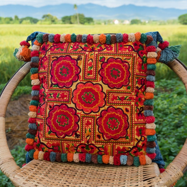 18x18 Pom Pom Hmong Embroidered Pillow Cases, Boho Pillow, Bohemian Cushion,  Pillow, Ethnic Pillow, Unique Gift - CS0007-02-ORG