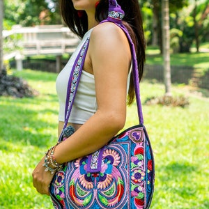 Colorful Bird Pattern Crossbody Bag with Hmong Tribe Embroidery, Boho Round Crossbody Bag, Hippie Crossbody Bag BG303CB image 4