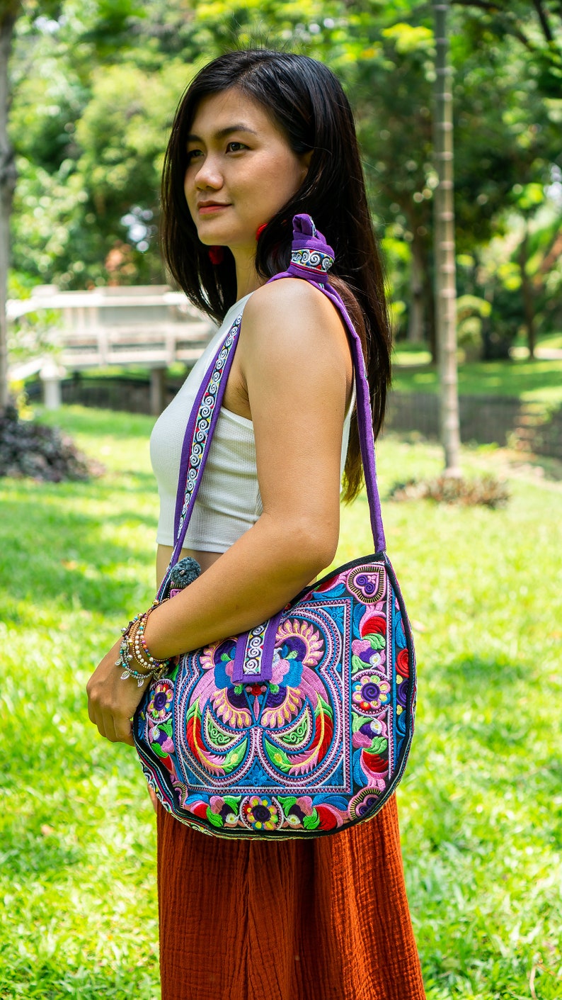 Colorful Bird Pattern Crossbody Bag with Hmong Tribe Embroidery, Boho Round Crossbody Bag, Hippie Crossbody Bag BG303CB image 4