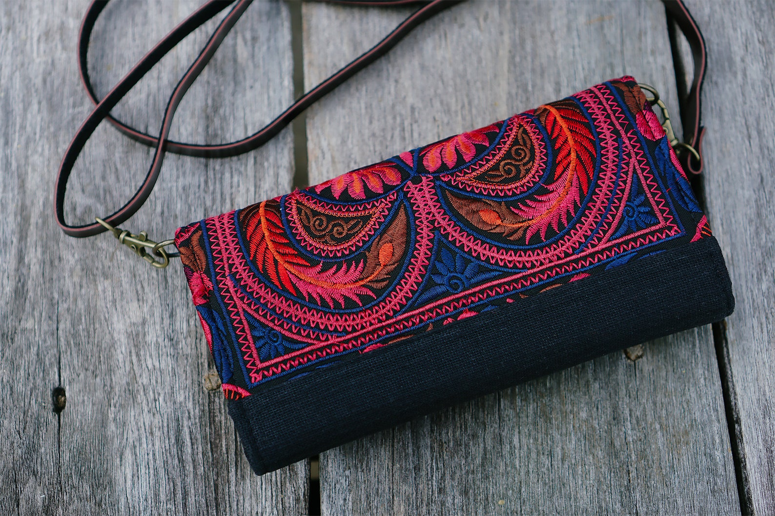 Hmong Embroidered Crossbody Wallet, Bohemian Purse With Leather Strap ...