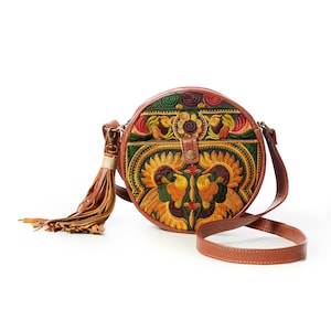 Yellow Bird Pattern Leather Round Crossbody Bag for Women, Unique Hmong Embroidered Crossbody Bag BG0048-01-YEL image 5