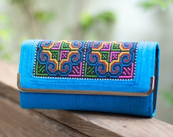 Ethnic Clutch Wallet for Women with Vintage Hmong Hill Tribe Embroidered, Hippie Purse in Blue - WA303HBLU