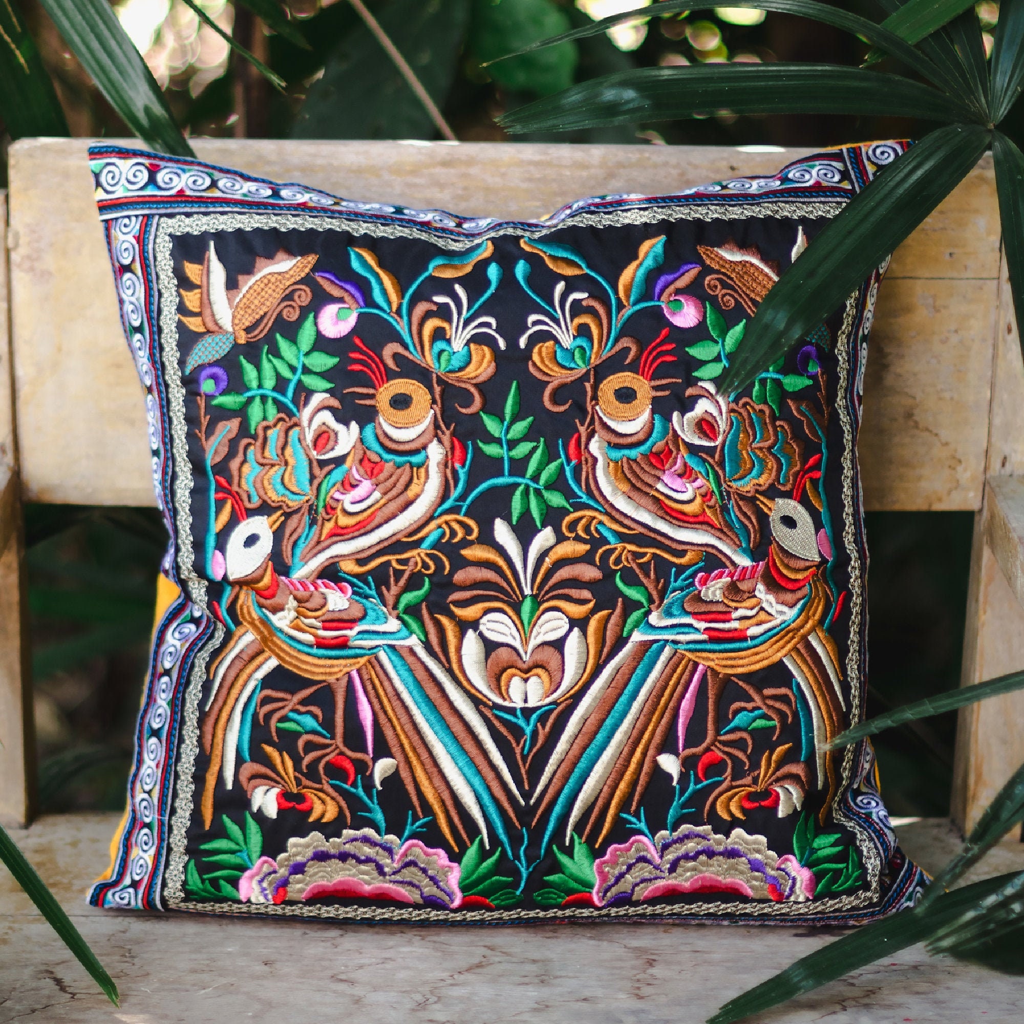 Hmong Hill Tribe Embroidered Pillow Cover Peony Fair Trade Pillow Cover Hmong Hill Tribe Embroidered Pillow Cover Peony Fair Trade Pillow Cover