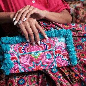 Blue Pom Pom Clutch Bag, Boho Wristlet with Hmong Hill Tribe Embridered Star Pattern, Festival Purse, Bohemian Bag BG0041-00-BLU image 4