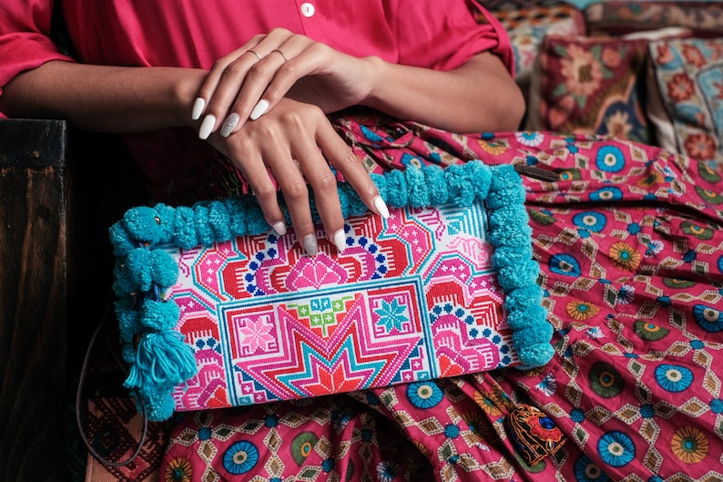 Blue Pom Pom Clutch Bag, Boho Wristlet with Hmong Hill Tribe Embridered Star Pattern, Festival Purse, Bohemian Bag BG0041-00-BLU image 4