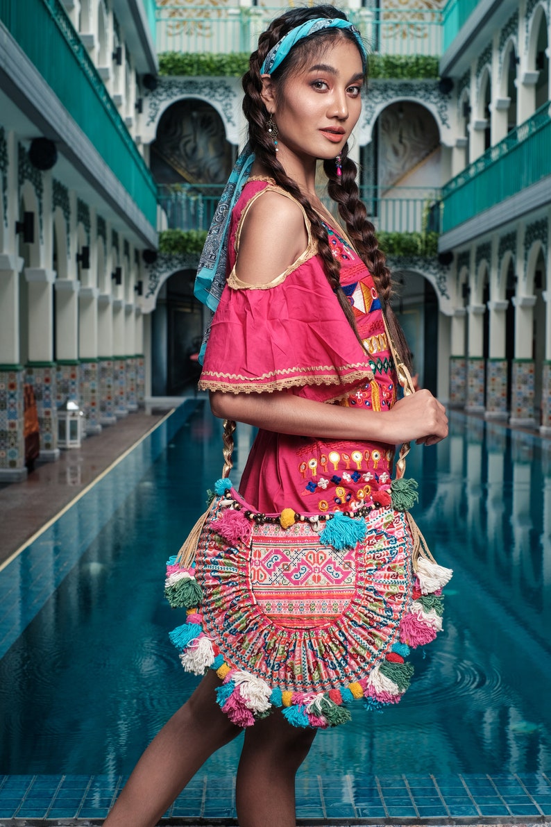 One of a Kind Bohemian Crossbody Bag with Vintage Hmong Embroidered Fabric, Colorful Pom Pom Crossbody Bag, Festival Bag BG0039-00-PIN image 3