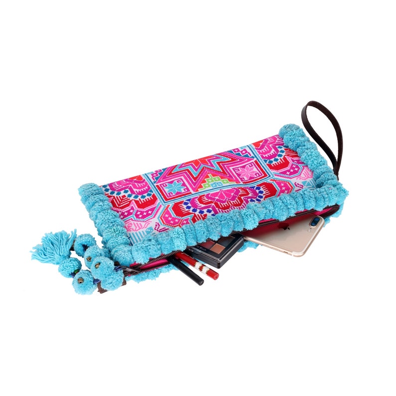 Blue Pom Pom Clutch Bag, Boho Wristlet with Hmong Hill Tribe Embridered Star Pattern, Festival Purse, Bohemian Bag BG0041-00-BLU image 7