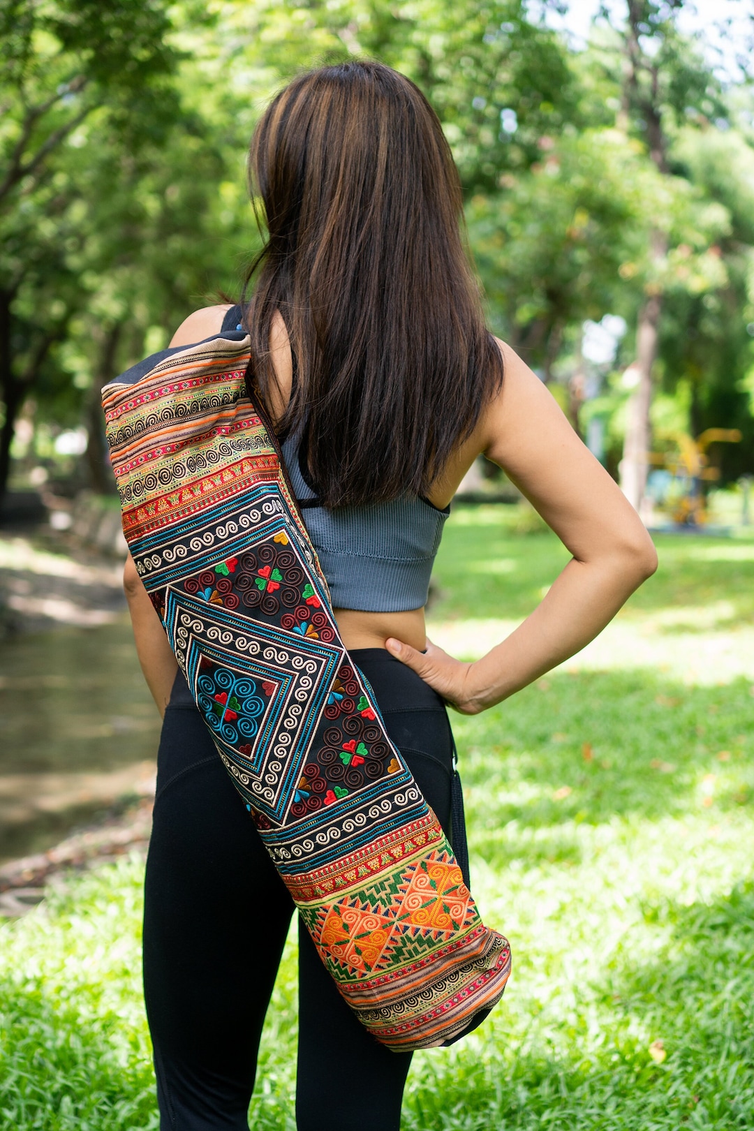 Mocha Diamond Embroidered Yoga Mat Bag, Hmong Tribal Yoga Mat Bag From
