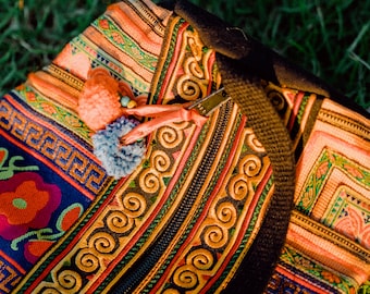 Ethnic Handmade Yoga Mat Bag with Diamond Hmong Embroidered in Orange 