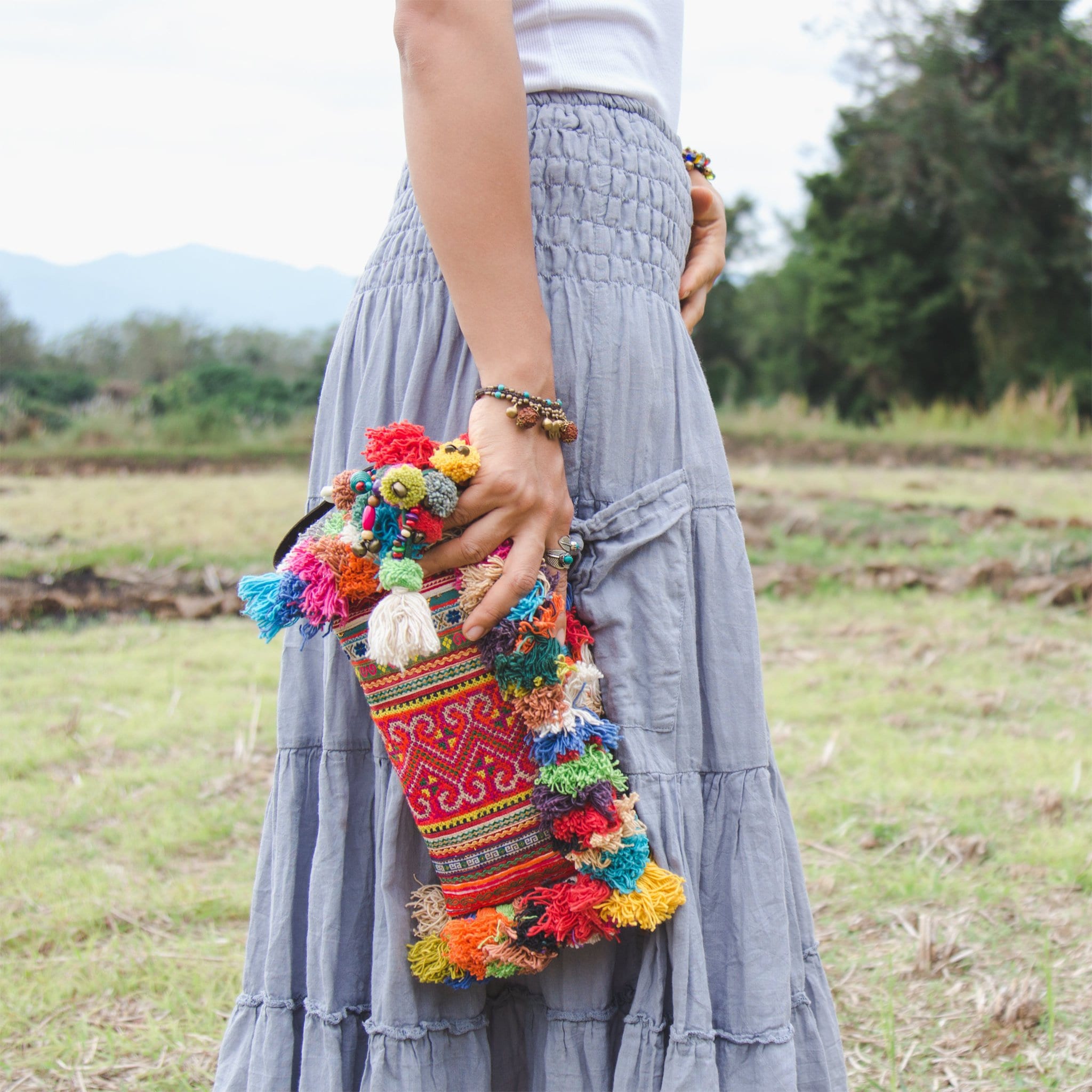 Bohemian Purse in Orange Boho Clutch Bag Changnoi Vintage Hmong Hill Tribe Embroidered Clutch with Colorful Hairs and Pom Pom for Women 