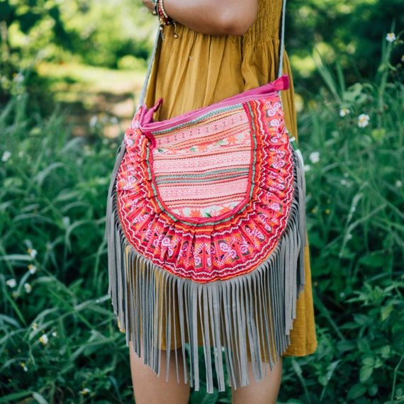 Bohemian Leather Fringed Purse With Vintage Hmong Hill Tribe | Etsy