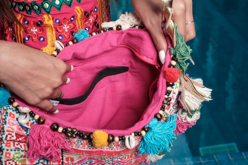 One of a Kind Bohemian Crossbody Bag with Vintage Hmong Embroidered Fabric, Colorful Pom Pom Crossbody Bag, Festival Bag BG0039-00-PIN image 4