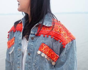 Boho Vintage Denim Jacket, Handmade Hmong Embroidered Style, Festival Outerwear, Unique Style - CL05VORG
