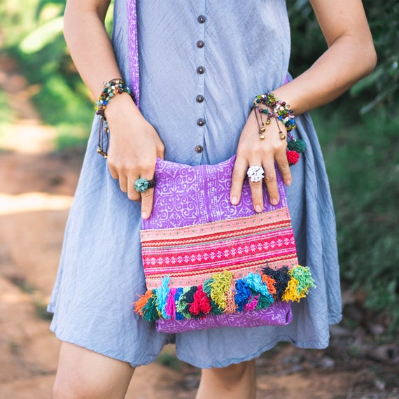 Bohemian Sling Bag with Colorful Tassels Boho Crossbody Bag | Etsy