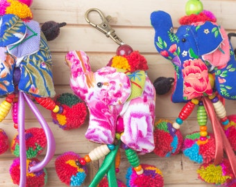 Mini Elephant Doll Key Chain Bag Accessories Zip Pull Pom Pom Tassel Handmade from Thailand