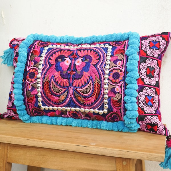 12x20 Pink Hmong Embroidered Pillow Case, Unique Tribal Cushion Cover, Pom Poms Pillow Case, Bohemian Decor Throw Cushion Cover - CS11PINB
