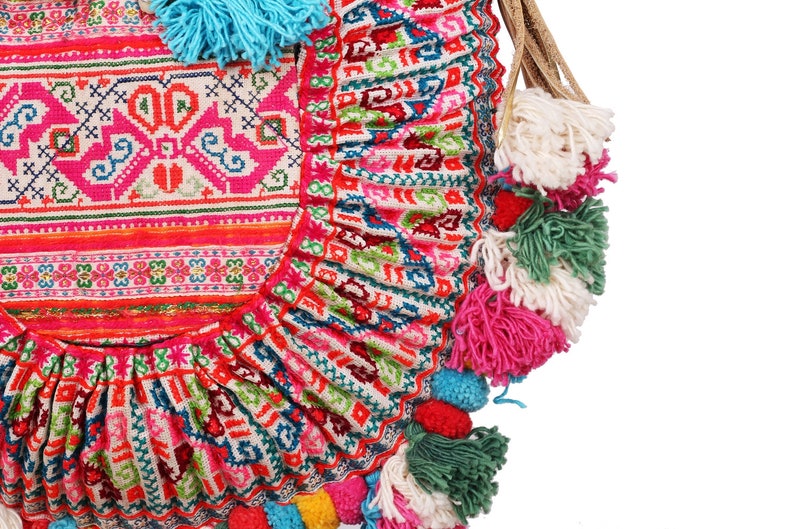 One of a Kind Bohemian Crossbody Bag with Vintage Hmong Embroidered Fabric, Colorful Pom Pom Crossbody Bag, Festival Bag BG0039-00-PIN image 8