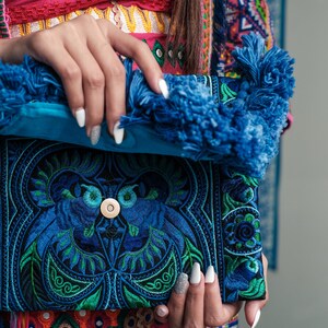Blue Clutch Bag/Ipad Holder with Bird Pattern Hmong Embroidered Pattern, Tassels, Bohemian Clutch Bag, Festival Bag BG0040-00-BLU image 4