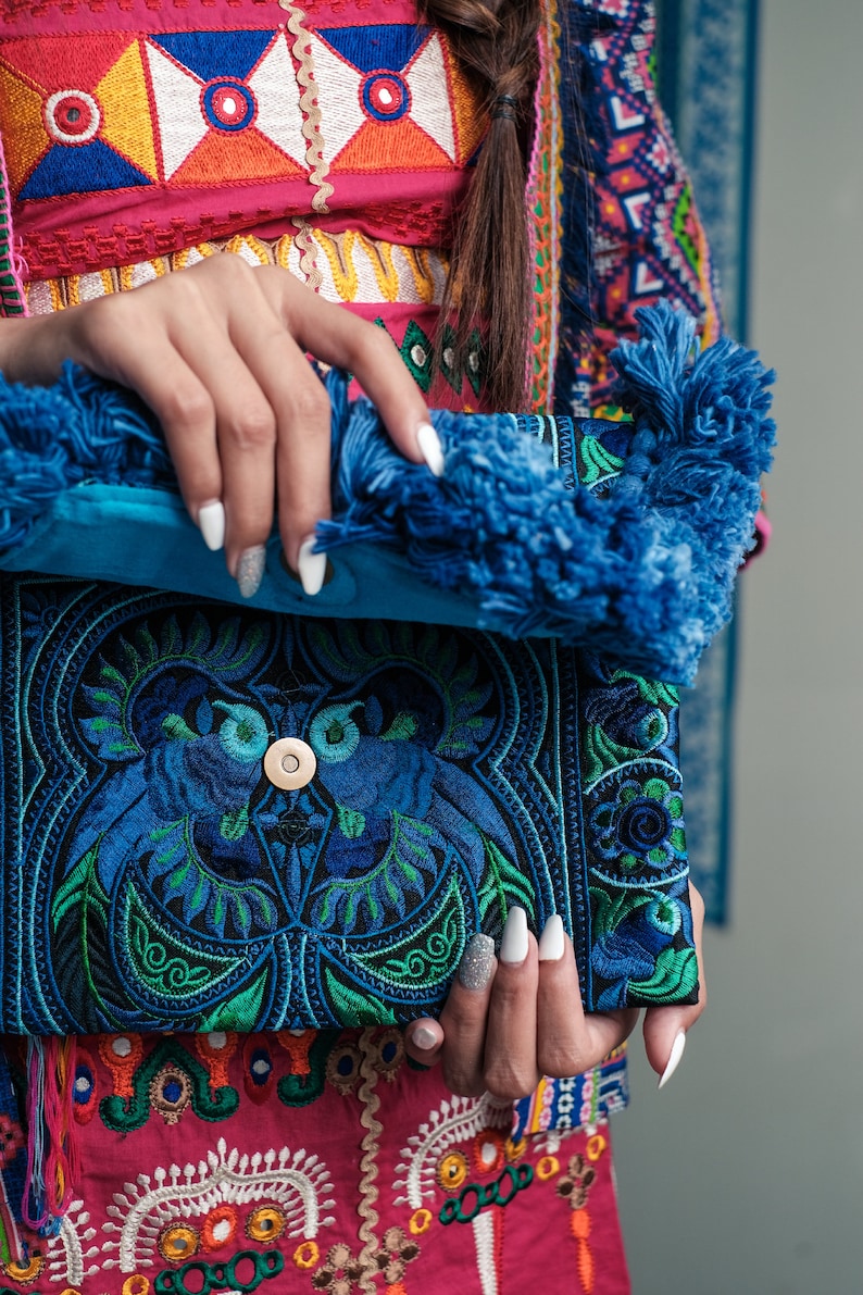 Blue Clutch Bag/Ipad Holder with Bird Pattern Hmong Embroidered Pattern, Tassels, Bohemian Clutch Bag, Festival Bag BG0040-00-BLU image 4
