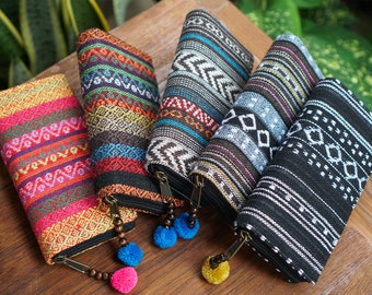 Naga Tribes Woven Fabric Wallet, Unique Purse for Women, Thai Wallet, Ethnic Wallet with Pom Pom, Colorful Wallet, Hippie Wallet - WA301NA