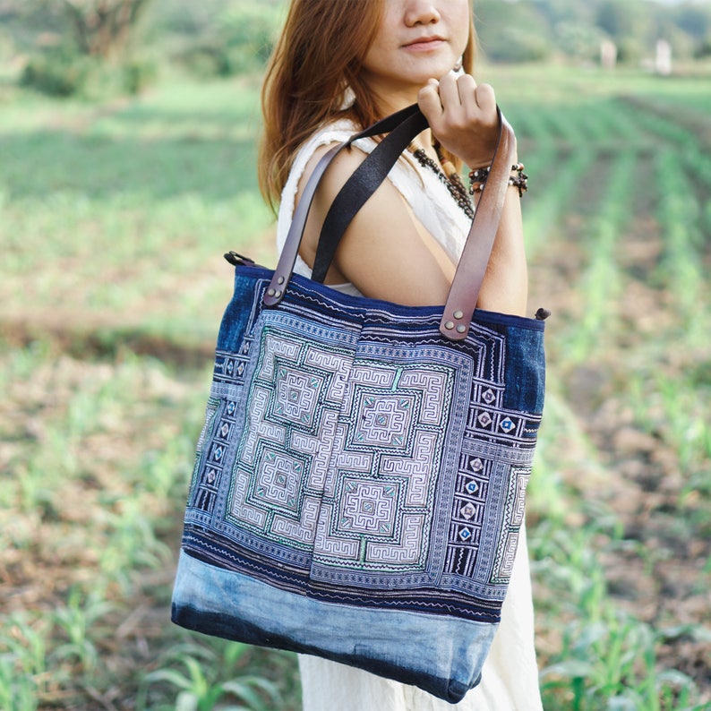 Unique One of a Kind Women's Tote Bag, Welcome Bag with Vintage Hmong Embroidered Fabric, Leather Strap, Tote Bag for Woman image 2