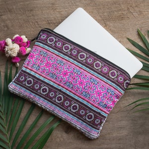 Pink Vintage Hmong Embroidered Laptop Sleeve Case 13 Inch, One of a Kind Laptop Sleeve, Unique Macbook Pro 13 Case - BG0047-00-PIN