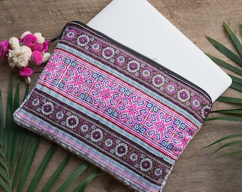 Pink Vintage Hmong Embroidered Laptop Sleeve Case 13 Inch, One of a Kind Laptop Sleeve, Unique Macbook Pro 13 Case - BG0047-00-PIN