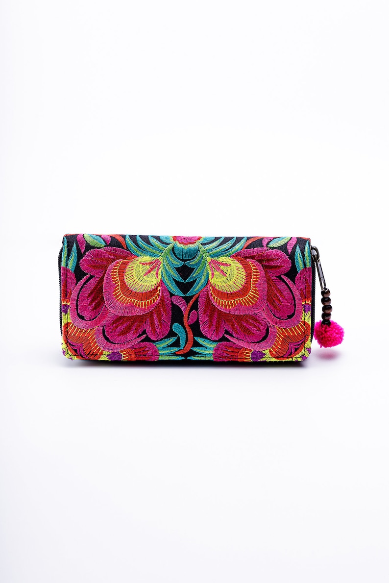 Red Flower Boho Wallet for Women, Hmong Embroidered Purse, Bohemian Wallet from Thailand, Ethnic Wallet with Pom Pom WA301FRED image 4