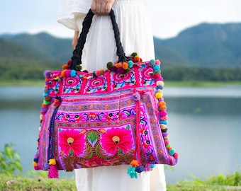 Purple Orchid Boho Tote, Thai Hmong Embroidery, Pom Poms & Tassels, Beach Bag