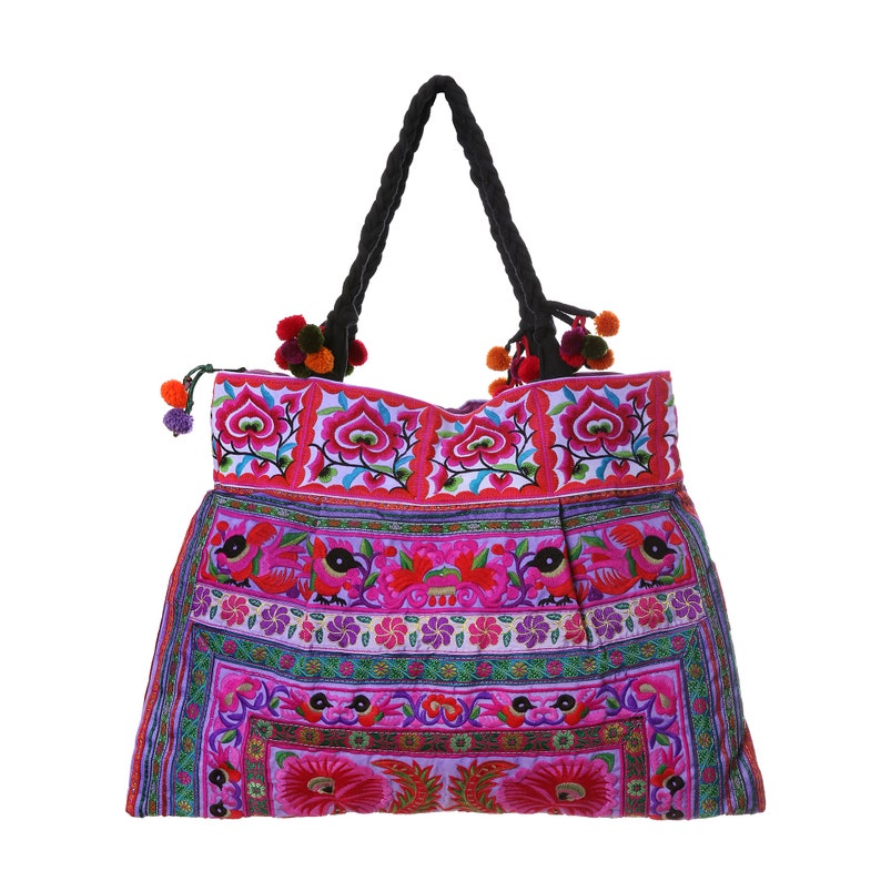 Purple Flower Hill Tribe Tote Bag Large Size with Hmong Embroidered Fabric, Tote for Women, Beach Tote Bag, Boho Tote BG301PURH image 4