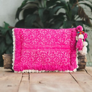 Handmade  Women's Pom Pom Clutch/Ipad Holder with Hmong Hill Tribe Batik Fabric in Pink - BG515BAPIN