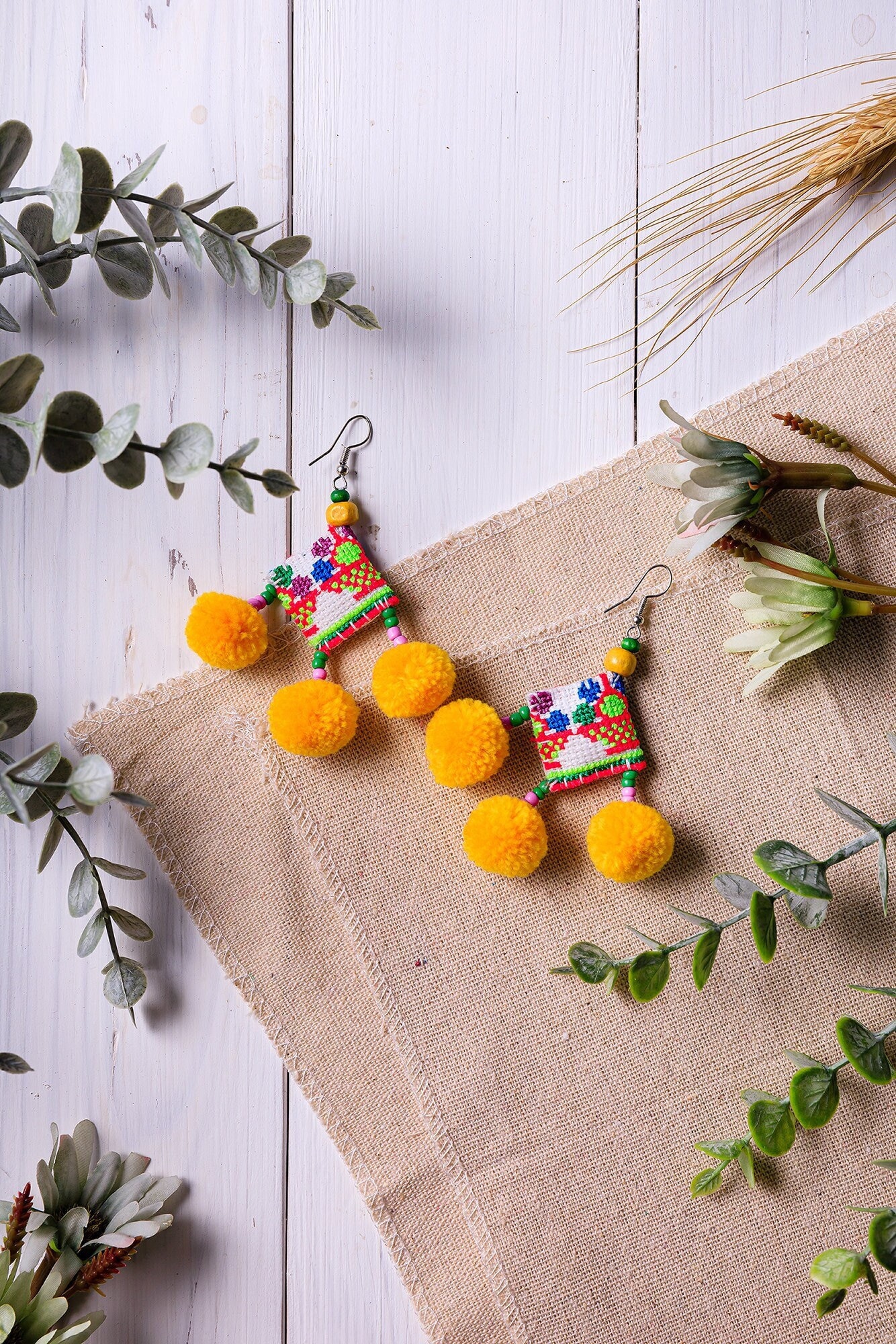 Yellow Pom Pom Earrings From Thailand, Hmong Embroidered
