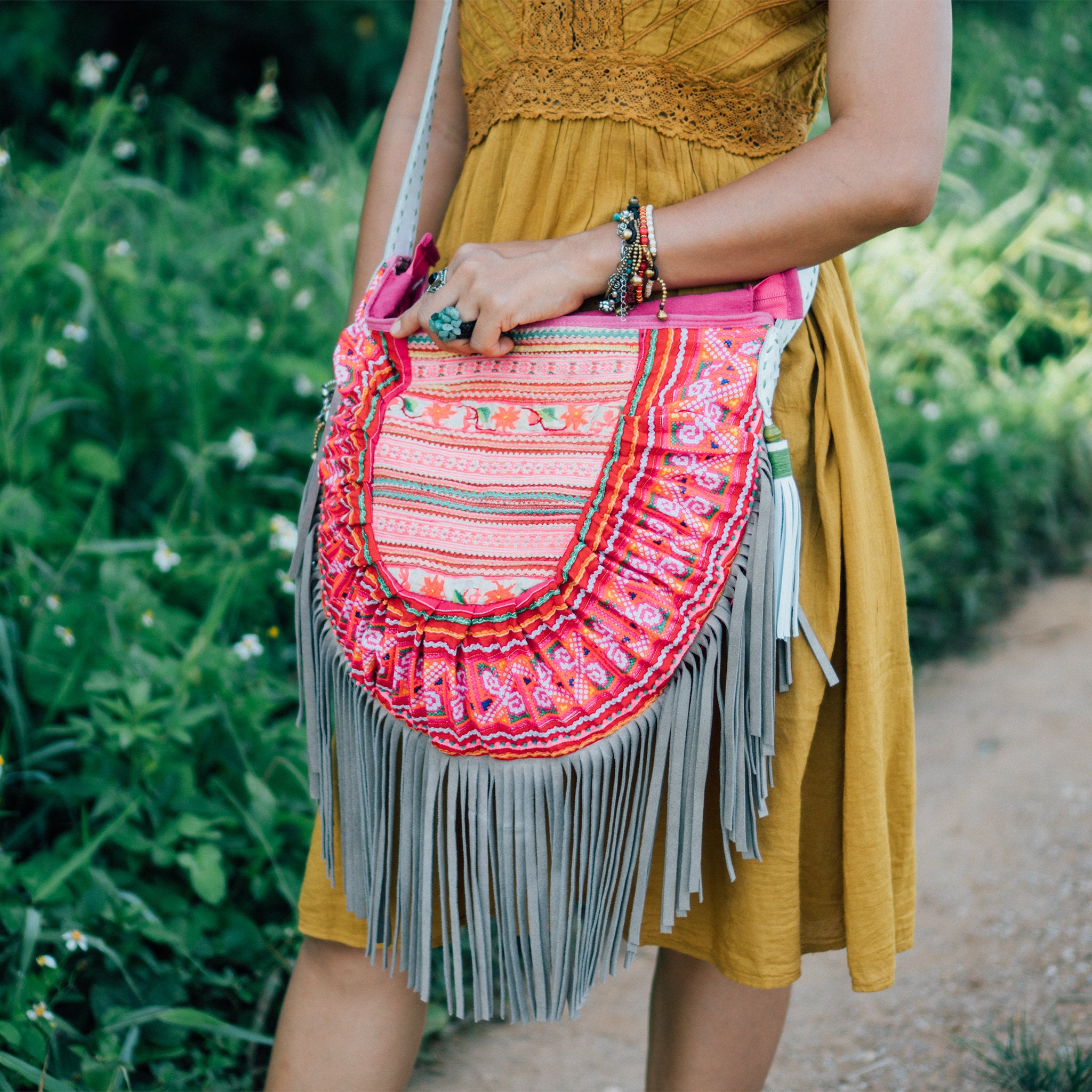 Bohemian Leather Fringed Purse with Vintage Hmong Hill Tribe | Etsy