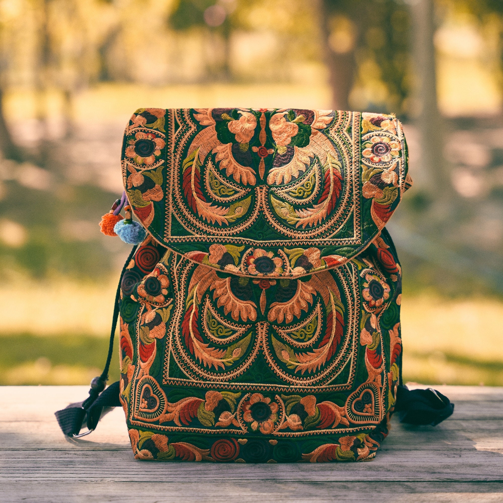 Yellow Bird Pattern Hmong Embroidered Backpack for Women, Backpack