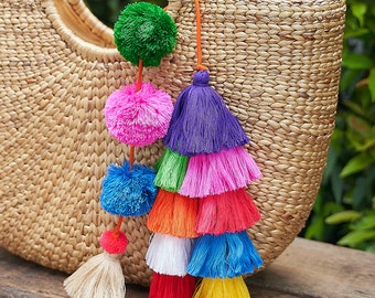 Colourful Tassels Pom Pom Bag Charm, Unique Tassels Charm for Purse, Multi Pom Pom Zipper Charm, Unique Gift for Her - AC1002-MUL