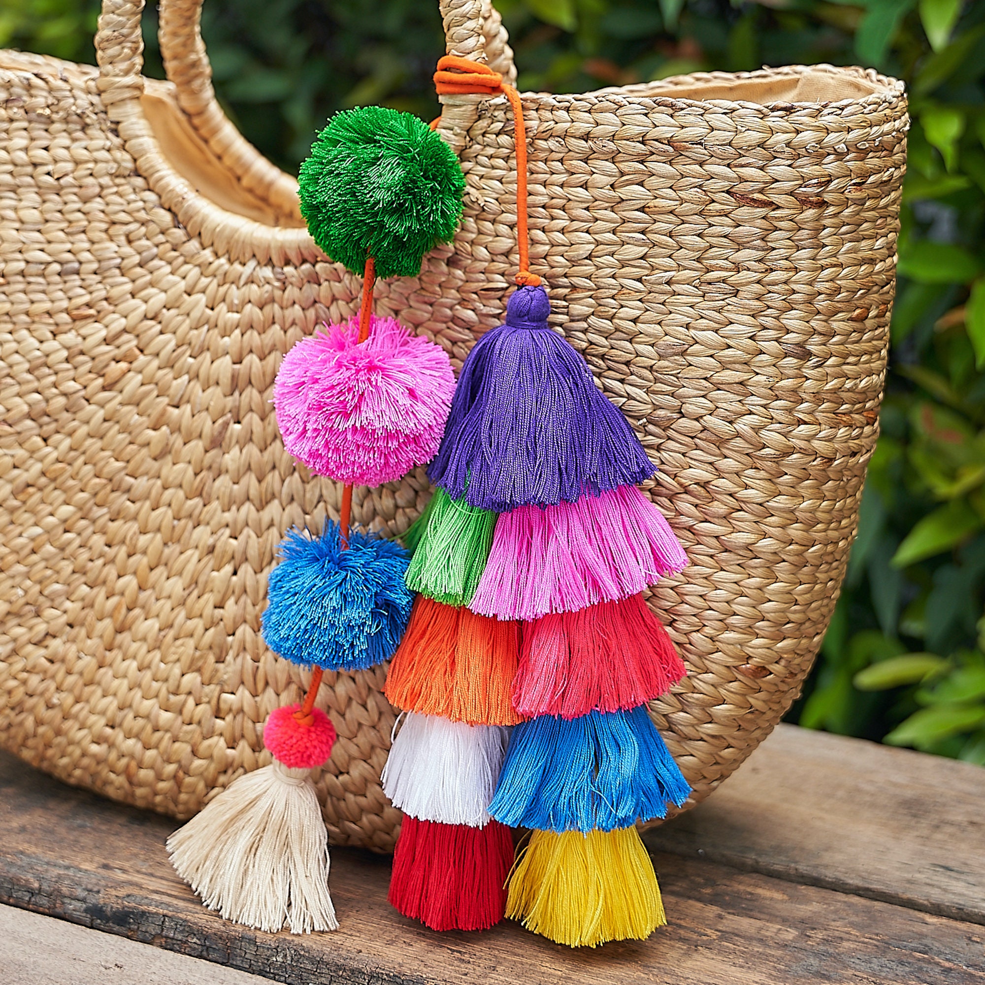 Navy pom pom tassel, purse charm, blue beige brown pom poms tassel