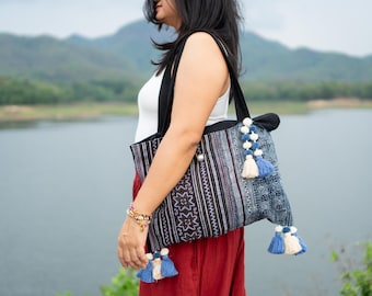 One-of-a-Kind Hmong Embroidered Beach Tote, Boho Shoulder Bag, Thai Tribal Bag - BG71NAV