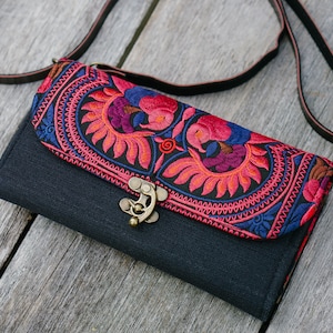 Boho Crossbody Wallet with Hmong Embroidered in Red, Bohemian Purse for Women with Leather Strap - BG0014-01-RED