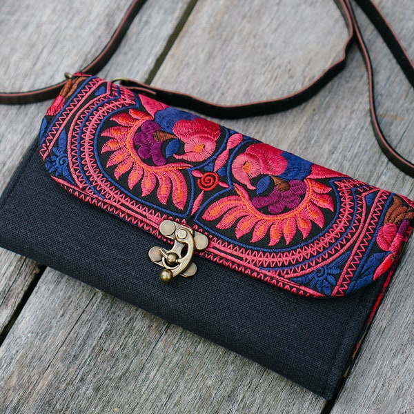 Hmong Embroidered Crossbody Wallet, Bohemian Purse with Leather Strap - BG14REDB