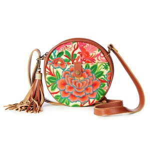 FULL MOON Garden Embroidered Round Crossbody Bag with Brown Genuine Leather, Unique Hmong Crossbody Bag for Women BG0048-02-YEL image 4