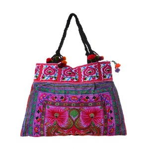 Purple Flower Hill Tribe Tote Bag Large Size with Hmong Embroidered Fabric, Tote for Women, Beach Tote Bag, Boho Tote BG301PURH image 3