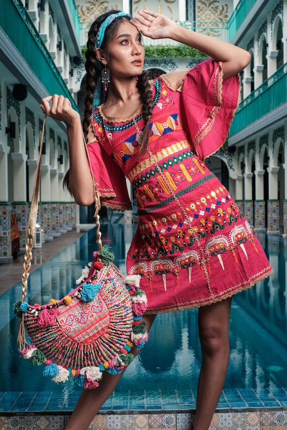 One of a Kind Bohemian Crossbody Bag With Vintage Hmong
