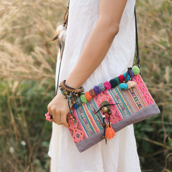 Vintage Embroidered Tassel Sling Crossbody Boho Hippie Shoulder