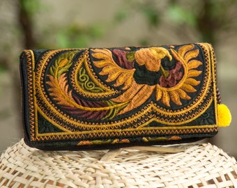 Beautiful Mocha Bird Pattern Artisan Wallet Purse with Tribal Hmong Embroidered, Pom Pom Handmade from Thailand - WA301MB